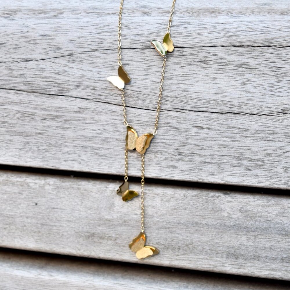 Golden Matte 5 Butterfly Charms Necklace - Stainless Steel